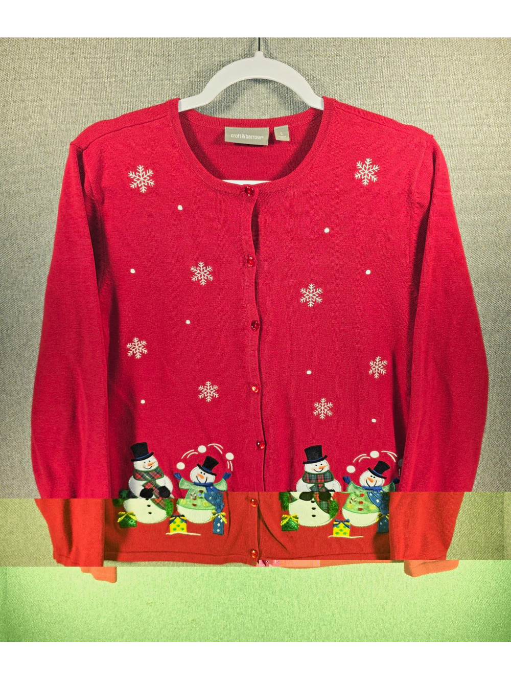 Croft & Barrow Women's L Red Christmas Snowman Cardigan Sweater Knit